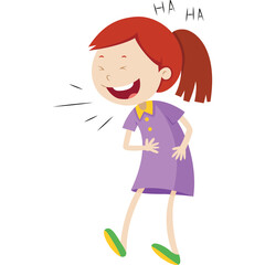 Joyful Young Girl With Red Hair Laughing Heartily Wearing A Purple Dress And Yellow Collar With Green Shoes On Transparent Background