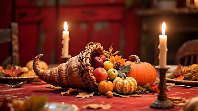 Autumn harvest table with cornucopia