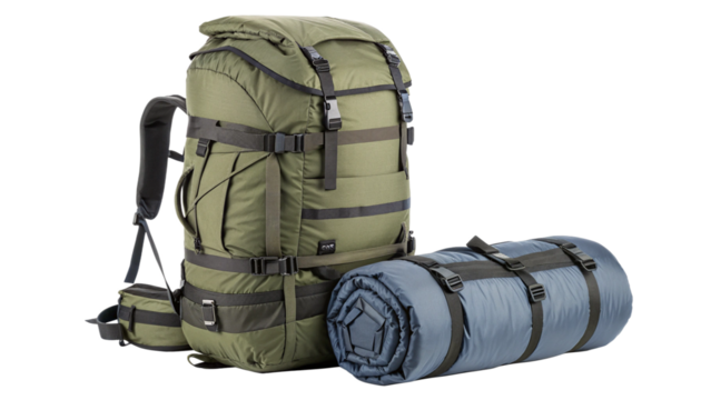A large green hiking backpack and a rolledup blue sleeping bag, isolated on transparent background