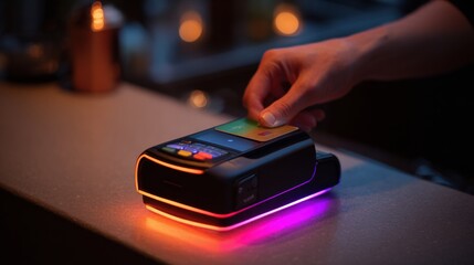 Secure NFC Payment Card Interaction at a Modern Retail Counter During Evening Hours