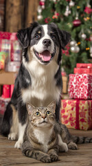 Happy dog and curious cat posing together in front of a decorated Christmas tree surrounded by vibrant gift boxes, exuding festive cheer.