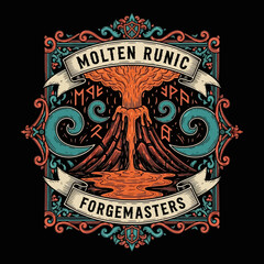 Molten Runic Forgemasters Emblem with Volcanic Eruption and Ornate Frame. © dada