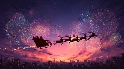 Festive Santa Claus Sleigh Flying Over City Skyline During Fireworks Celebration
