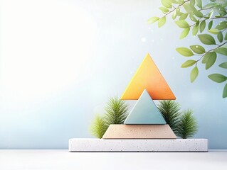 A minimalist composition featuring stacked geometric pyramid shapes in warm and cool tones, surrounded by delicate green foliage and soft, diffused light, creat