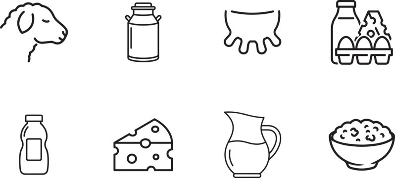 Dairy Farm Products Line Icons Set - Milk Cheese Eggs Udder Sheep Churn Pitcher Vector Illustration