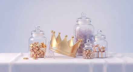Golden crown and glass jars filled with gifts and stars on a white table, festive mood.