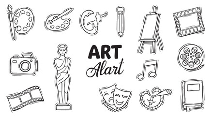 Collection of art related doodle elements for creative and educational projects