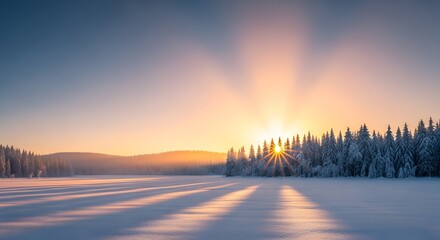 Golden sunrise over a snow covered landscape with trees and mountains