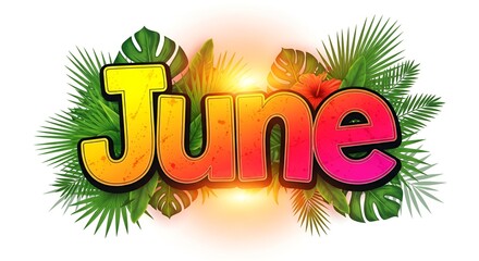 Hello June Stylish calligraphy text surrounded by vibrant tropical leaves, heralding summer