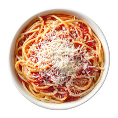 Bowl of spaghetti, bright red sauce, and parmesan cheese from above