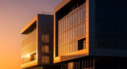 Photo-realistic detail of a modern architectural facade with crisp lines, illuminated by the warm, radiant glow of golden hour sunlight at sunset