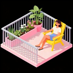 Relaxing on a Balcony An Isometric Illustration of Leisure and Greenery
