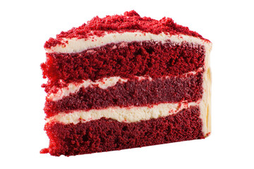 Red velvet cake slice with cream layers, isolated on black