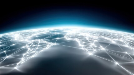 Abstract visualization of Earth with glowing interconnected lines and nodes, representing a global network. Dark background with bright blue atmospheric glow.