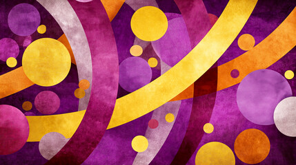 Abstract Vibrant Wallpaper Background with Overlapping Purple, Yellow, and Orange Geometric Circles and Stripes