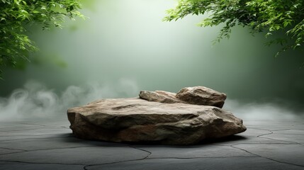 A rough, textured rock podium sits on dark slate ground surrounded by ethereal mist and green jungle foliage, serving as a natural showcase pedestal for organic product presentatio