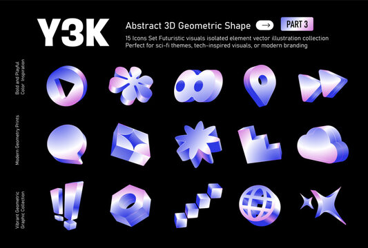 Y3K Modern Retro Abstract 3D Y3K Geometric Shape Icon Set, Futuristic visuals isolated element vector illustration collection
Perfect for sci-fi themes, tech-inspired visuals, or modern branding 
