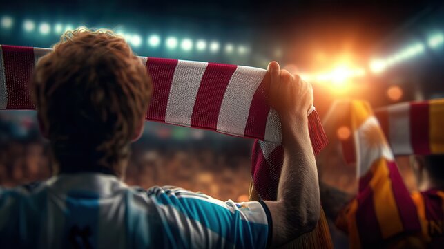 Passionate fan cheers on team with striped scarf amidst roaring stadium crowd during thrilling championship match