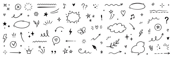 Cute line brush star, arrow, heart vector element icon set. Hand drawn sketch doodle cute star, heart, flower element. Line text decoration scribble decoration icon. Hand drawn Vector illustration