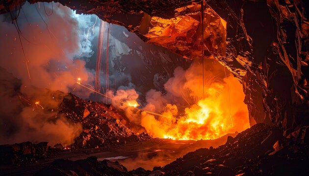 Underground Cave Inferno: Explosive Mining and Rock Blast