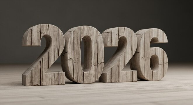 Wooden 2026 numbers with a rustic texture, perfect for New Year's Eve or event invitations