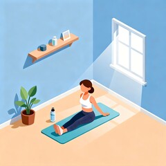 Isometric illustration of a woman enjoying a peaceful morning yoga routine at home, sitting on a mat in a sunlit room