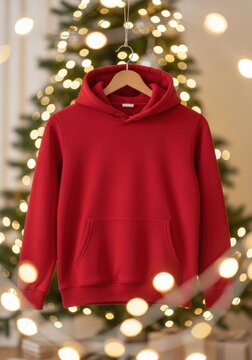 Vibrant Red Hoodie Hanging in Front of a Festive Christmas Tree with Bokeh Lights.