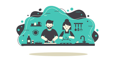 A couple cooks together in a modern kitchen, represented by a stylish vector illustration with minimalist design and flat colors.