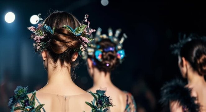 Elegant women showcasing elaborate floral hair adornments on a runway
