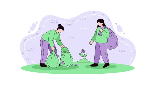 Two volunteers collect trash in a park, contributing to environmental protection and community cleanliness with dedication.