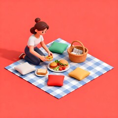 Charming 3D illustration of a young woman enjoying a solo picnic on a blue and white checkered blanket with hamburgers and a basket