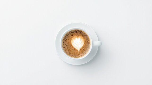 A white cup and saucer with a coffee drink featuring latte art in the shape of a heart. The background is a clean, bright white surface. Top view perspective.