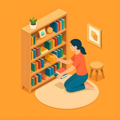 Woman Organizing Books on Bookshelf Interior Design Concept with Home Decor and Reading