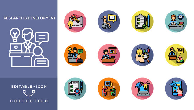 Research & Development Lineal Color Icon Collection. Technical Institute, Special Education, Educational Assessment, Exam Preparation, Tutoring Services, Library & Reading