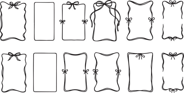 Set of rectangular vertical scroll ribbon frames with cute bows. Menu, bachelorette party, wedding, birthday, Christmas design elements. Coquette stile. Art nouveau motive. Crayon, charcoal drawing ve