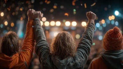 Three friends celebrating, arms raised in triumph amidst a vibrant crowd and falling confetti at a thrilling event