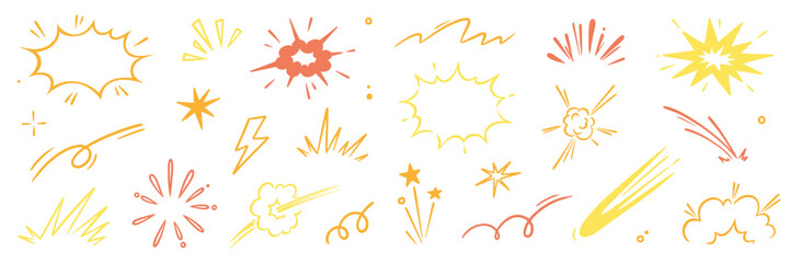 Explosive surprise comic line golden effect set. Hand drawn doodle cartoon speed effect, gold explosive burst action elements. Comic cartoon surprise line luxury shapes. Vector illustration.