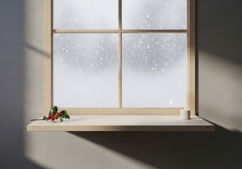 Naklejka premium Winter Window Scene with Snow Falling Outside and Festive Holly Decoration.