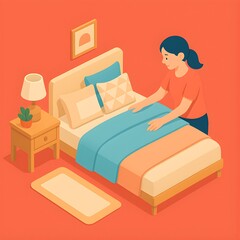Isometric illustration of a woman making her bed, tidying up the bedroom for a fresh start or a peaceful night's rest, symbolizing domestic harmony and daily routines