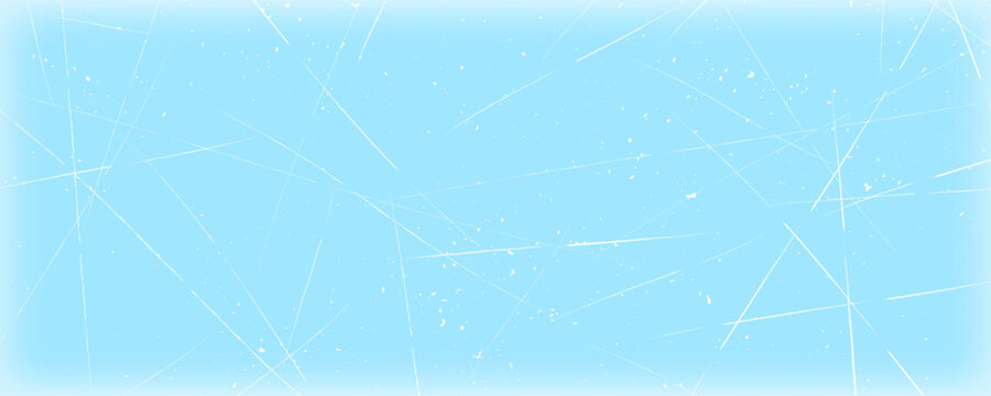 Scratched ice surface texture. Blue icy background with skate traces, cracks, scratches. Winter sport rink backdrop. Frozen lake or pond water wallpaper with dots, spots and lines. Vector illustration