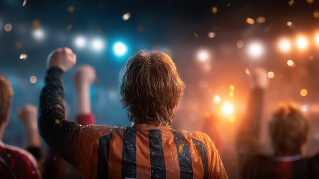Dynamic soccer player celebrating victory with raised fist amid confetti and stadium lights, embodying triumph and elation. - Powered by Adobe