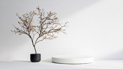 A minimalist scene featuring a dark pot with a bare, branchy tree and a white circular podium on a white surface, with soft light casting shadows on a white wal