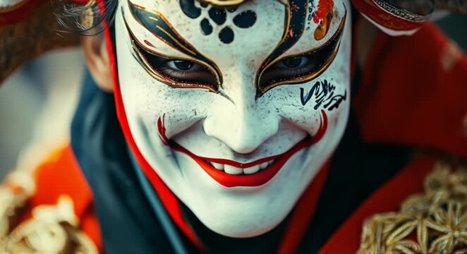 Intriguing performer in traditional mask with vibrant costume and captivating expression