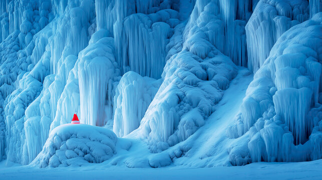 A miniature red Santa hat rests on a mound of ice amidst a massive, dramatic landscape of natural blue and white frozen icicles and formations.