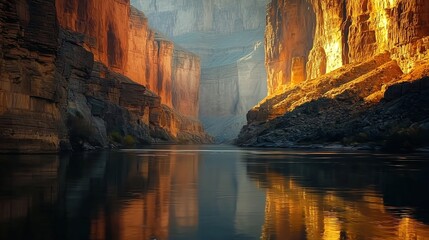 Majestic Canyon Reflections at Dawn with Golden Hues and Serene Waters
