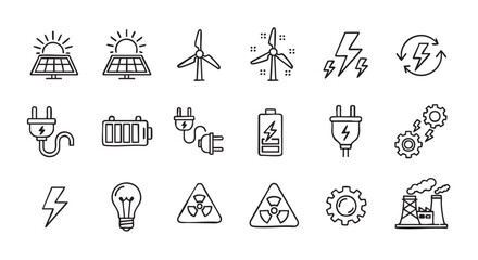 Outline symbols showcasing renewable energy sources and sustainable practices graphic