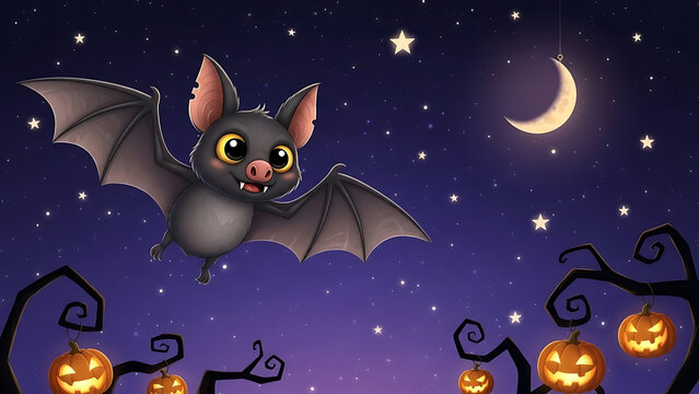 A cute cartoon bat flies through a starry night sky over spooky trees and glowing Halloween jack-o'-lanterns.