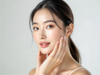 A close-up beauty portrait of an Asian woman with healthy, glowing, radiant skin. She gently touches her face, showcasing smooth texture, natural makeup, soft blush, and a fresh, clean skincare look. 