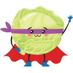 Joyful cartoon cabbage character wearing a red cape and blue boots with a purple eye mask waving happily on a transparent background representing healthy eating and superhero vegetables for children