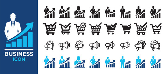 Business icon set. Growth analytics, shopping cart, megaphone & gear symbols Collection. Vector illustration eps 10